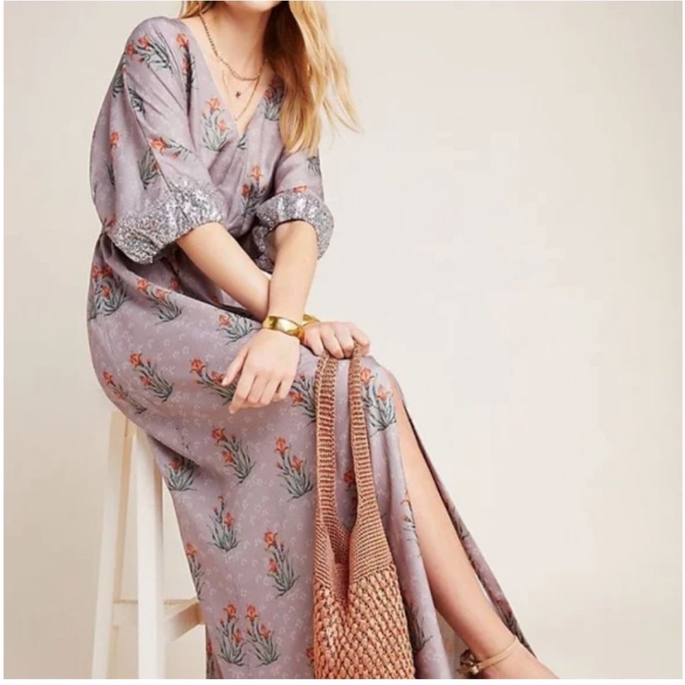 Anthropologie Floral Maxi Dress in Lavender and Orange